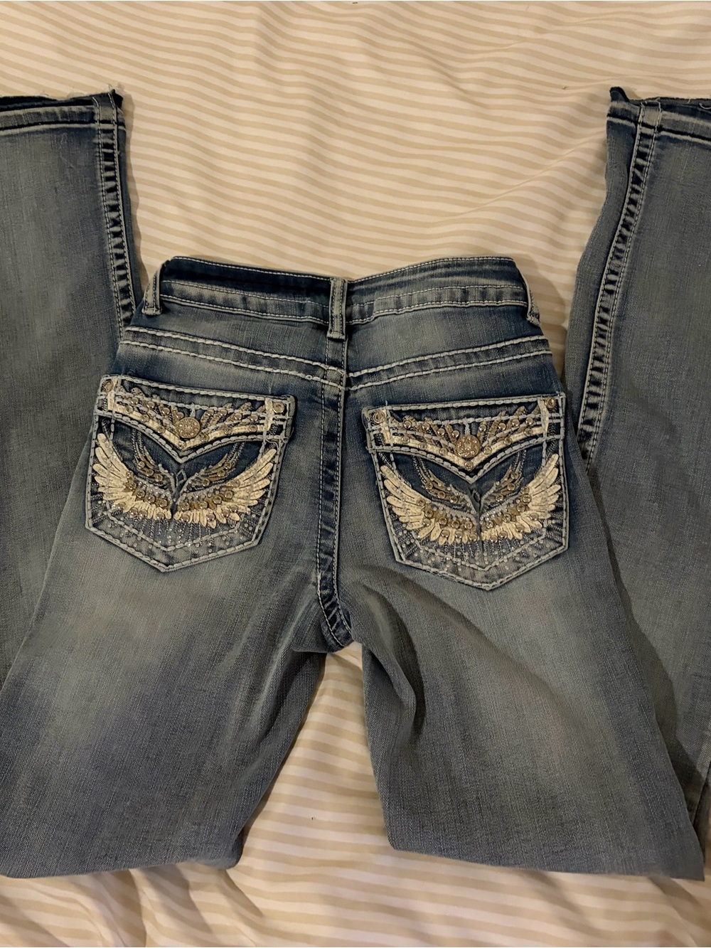 Low Rise Rhinestone Wing Pockets Boot Cut Jeans